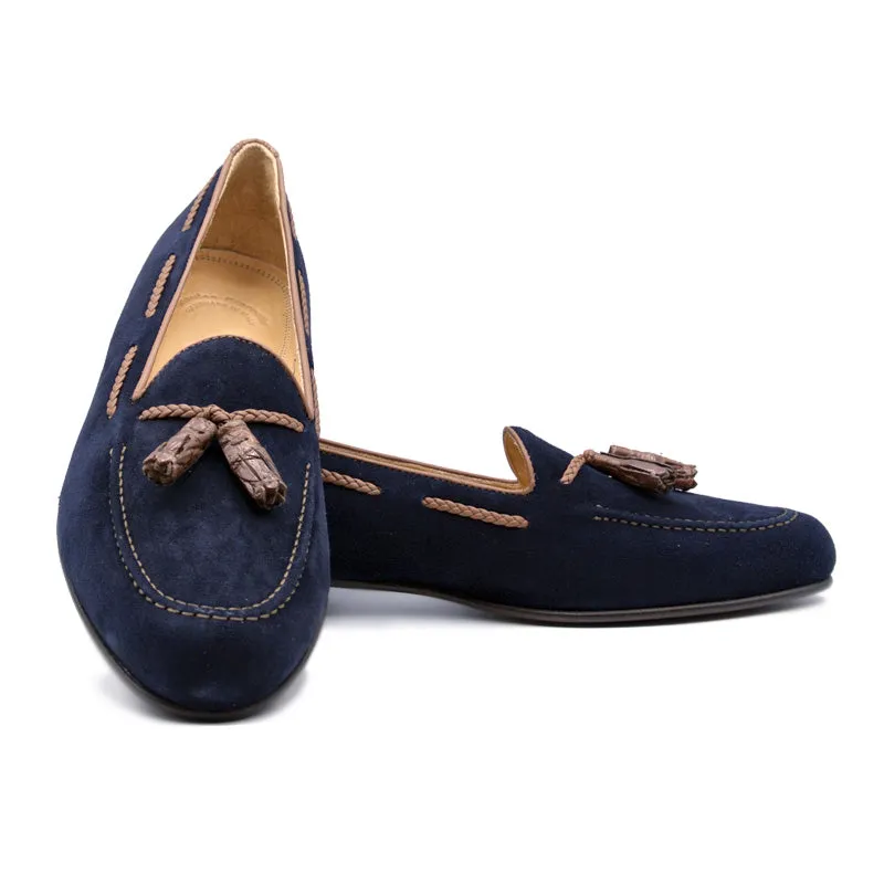 16-584-NVY NAPLES Italian Kid Suede with Embossed Crocodile Tassel Loafer, Navy