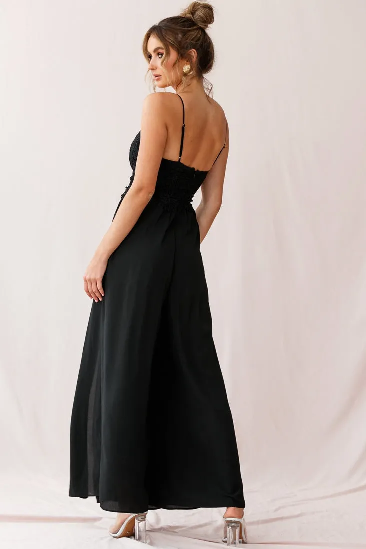 Ada Applique Embroidery Bust Wide Leg Jumpsuit Black