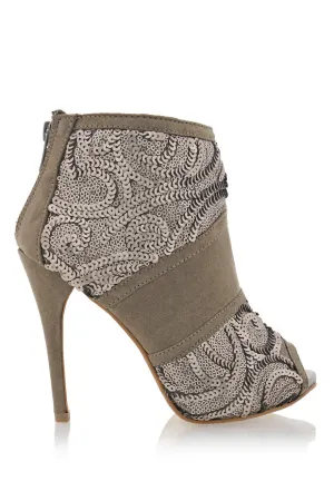 ADMIRANDA Taupe Sequin Peep Toe Ankle Boots