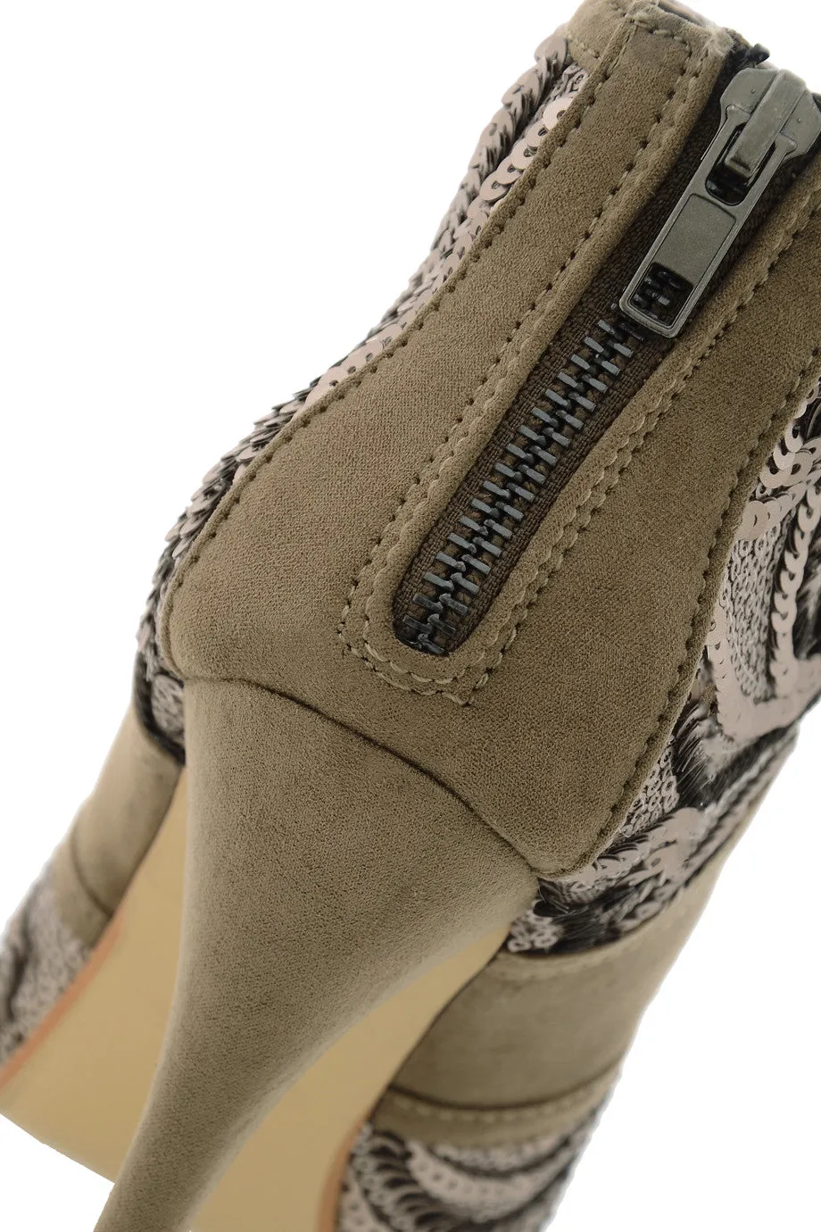 ADMIRANDA Taupe Sequin Peep Toe Ankle Boots