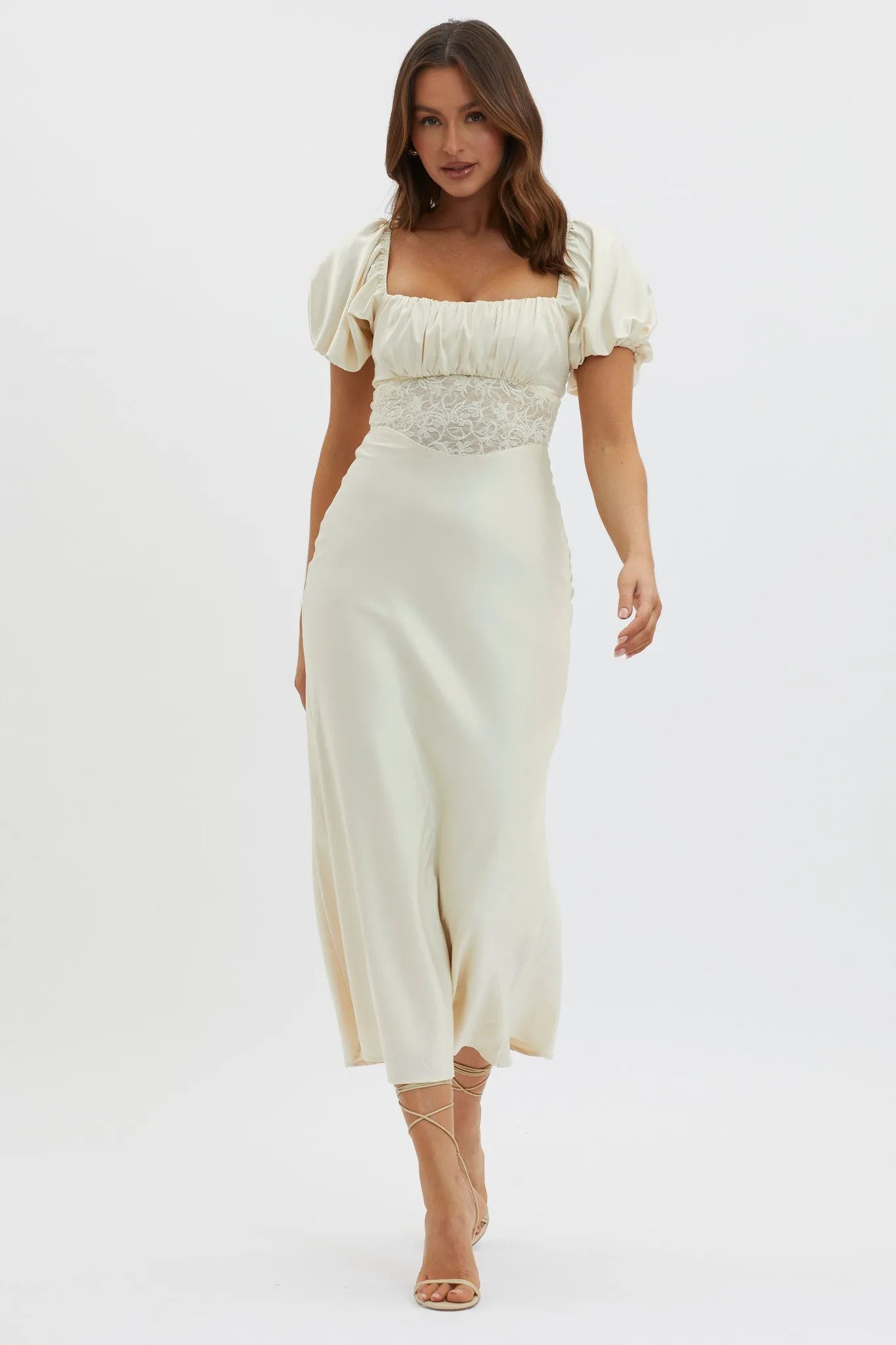 Allianna Puff Sleeve Lace Waist Midi Dress Butter