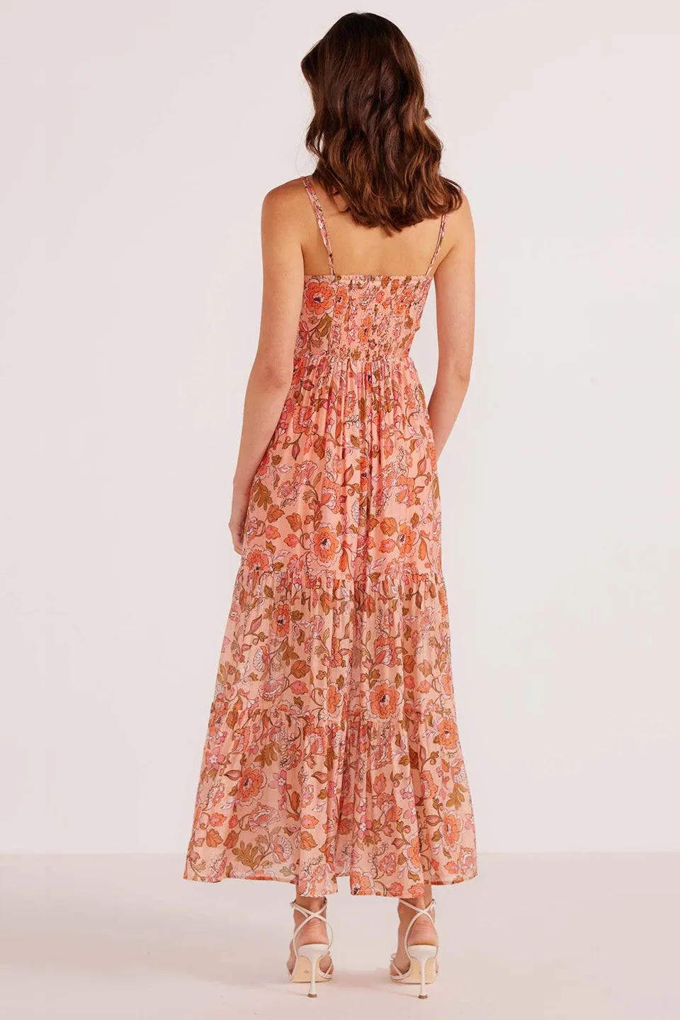 Amelia Peach Floral Tiered Strappy Midi Dress