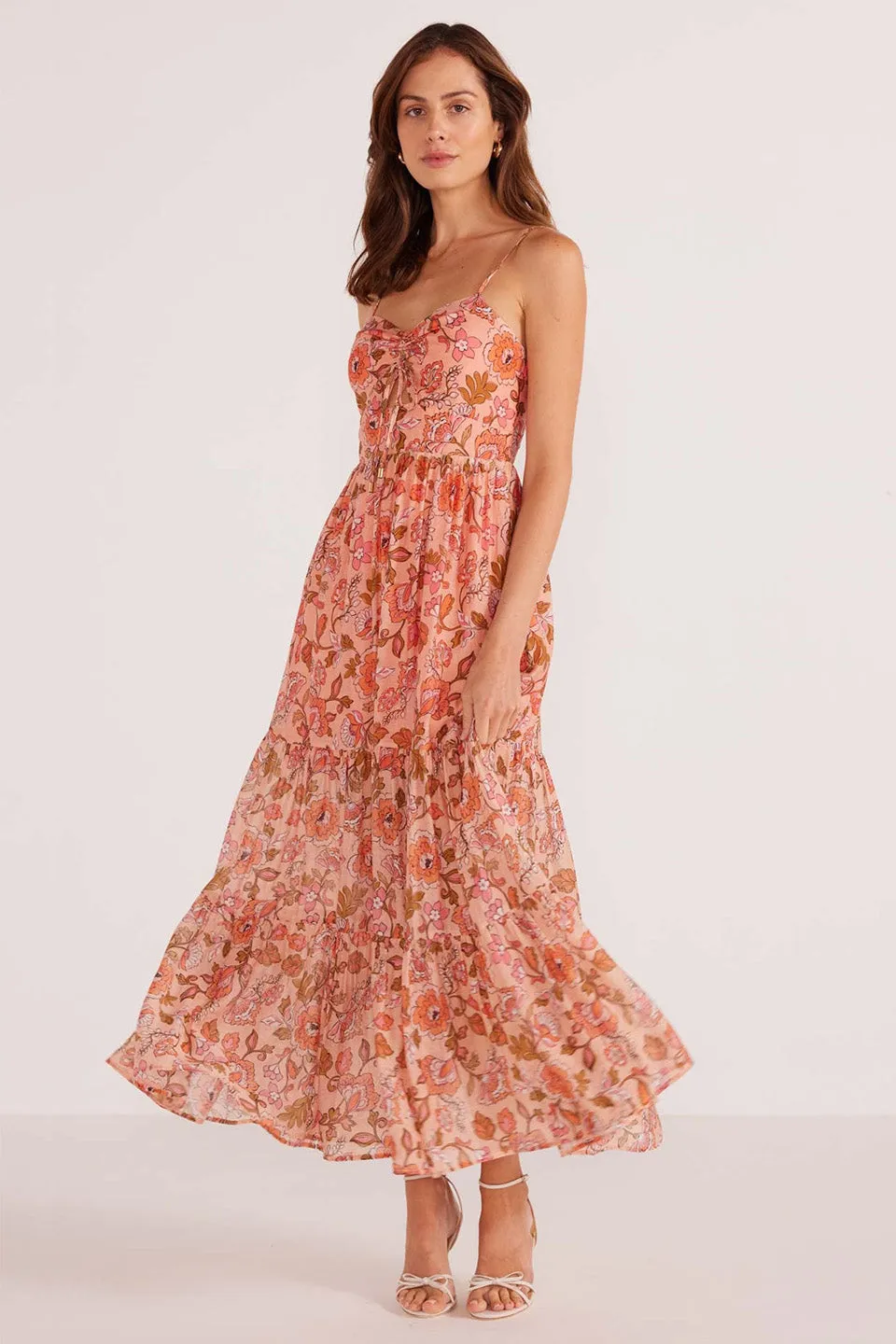 Amelia Peach Floral Tiered Strappy Midi Dress