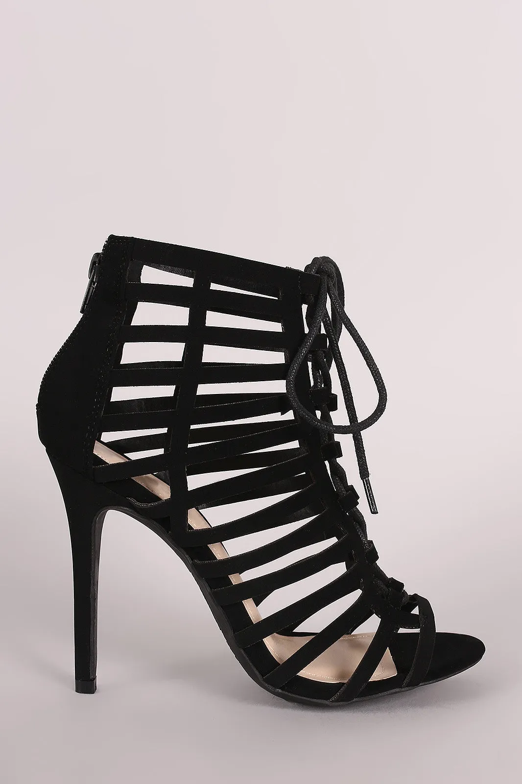 Anne Michelle Nubuck Caged Lace Up Stiletto Heel