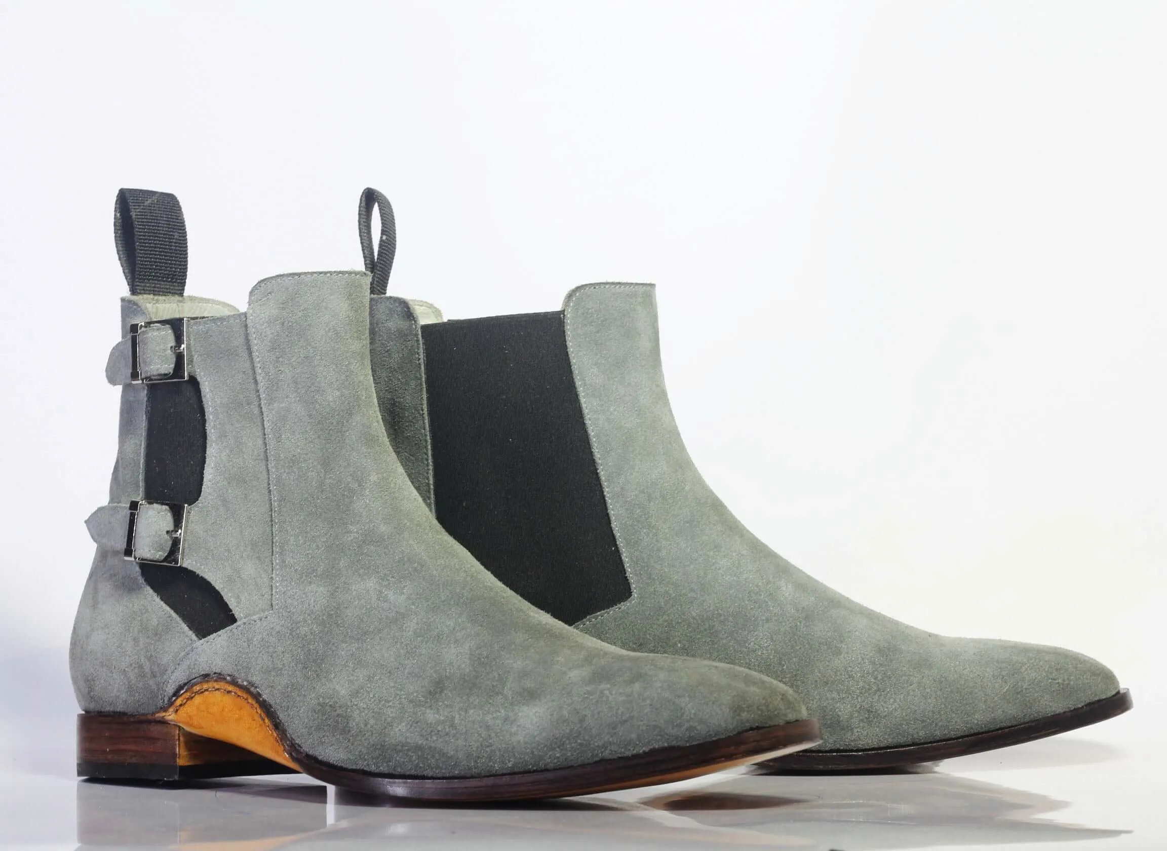 Bespoke Gray Suede High Ankle Buckle Up Stylish Boots