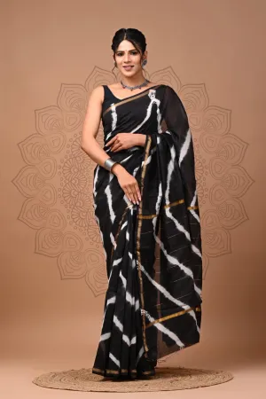 Black Chanderi Handblock Printed Saree