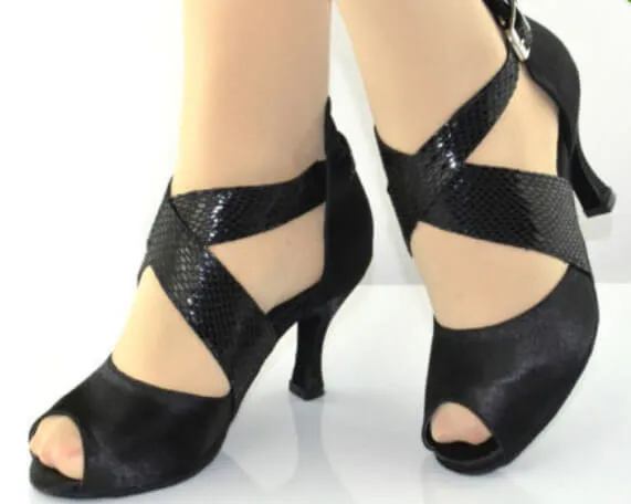 Black Satin Ballroom Dancing Shoes Latin Salsa Dance Heels