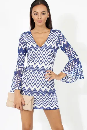 Blue & White Crochet Flare Sleeve Dress - Kady