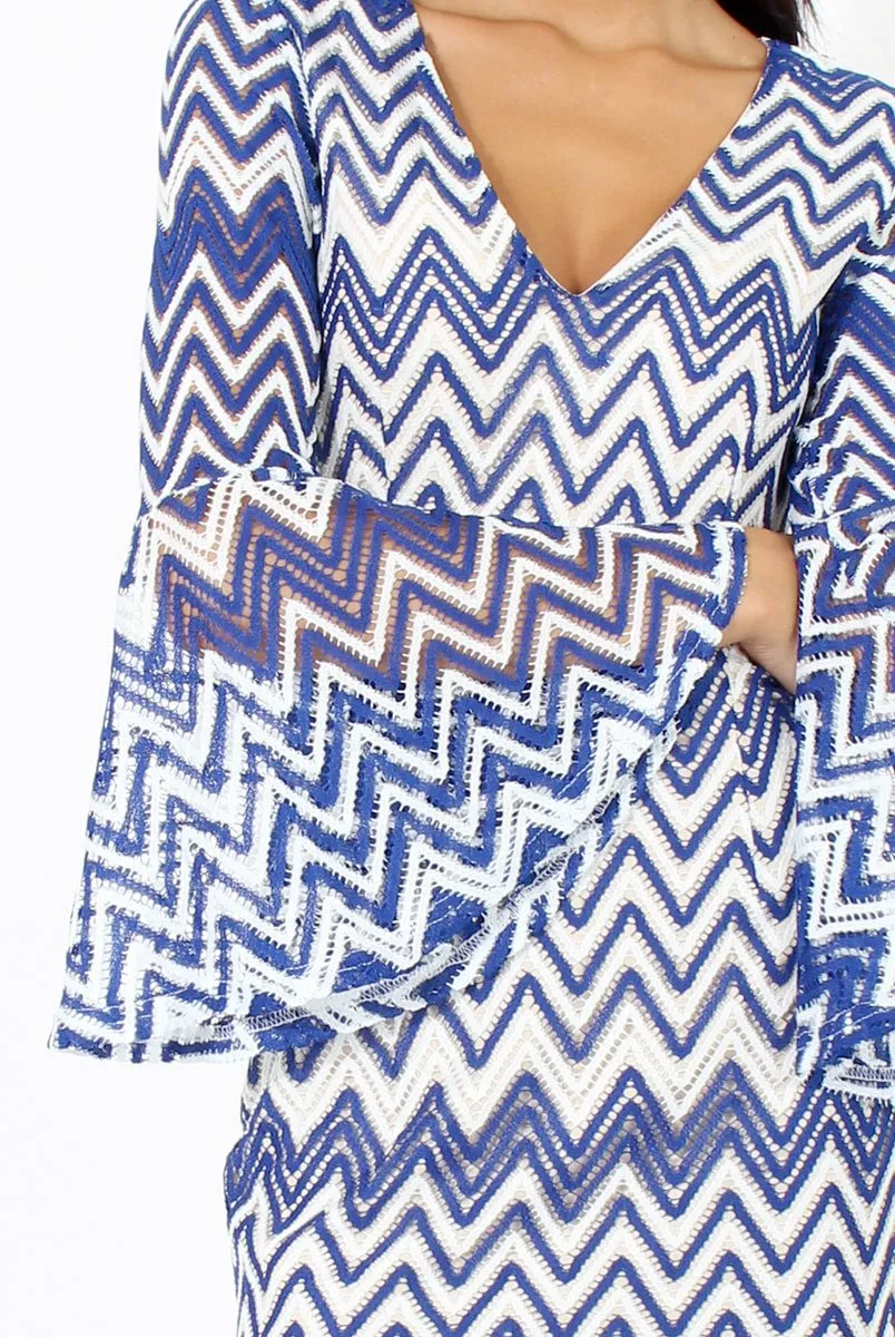 Blue & White Crochet Flare Sleeve Dress - Kady