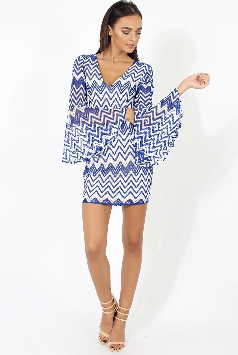 Blue & White Crochet Flare Sleeve Dress - Kady