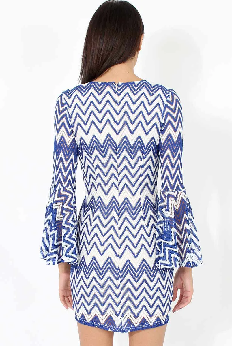 Blue & White Crochet Flare Sleeve Dress - Kady