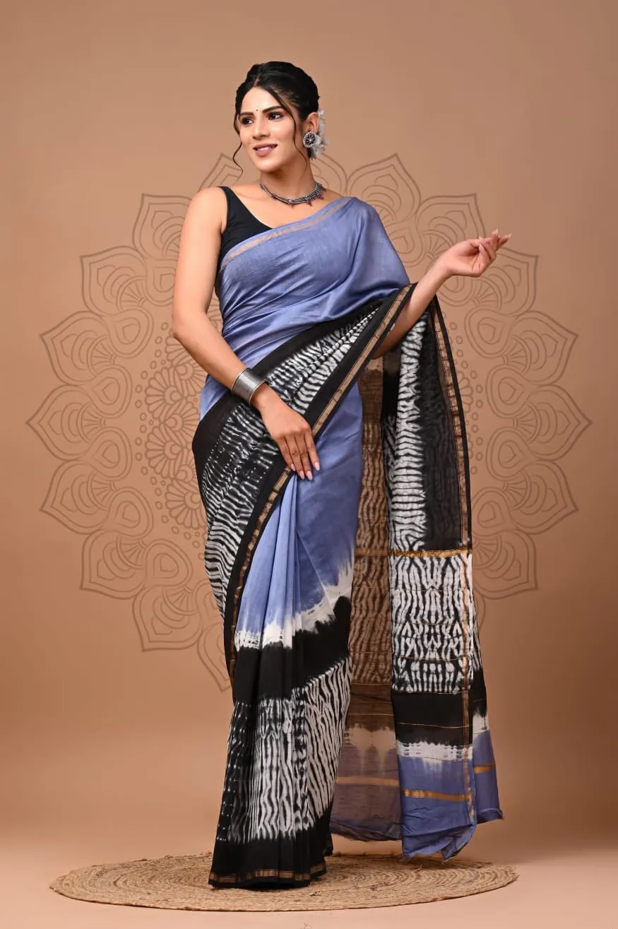 Blue Chanderi Handblock Printed Saree