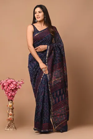 Blue Chanderi Handblock Printed Saree