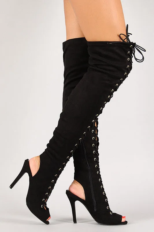 Breckelle Lace Up Back Cutout Stiletto Thigh High Boot