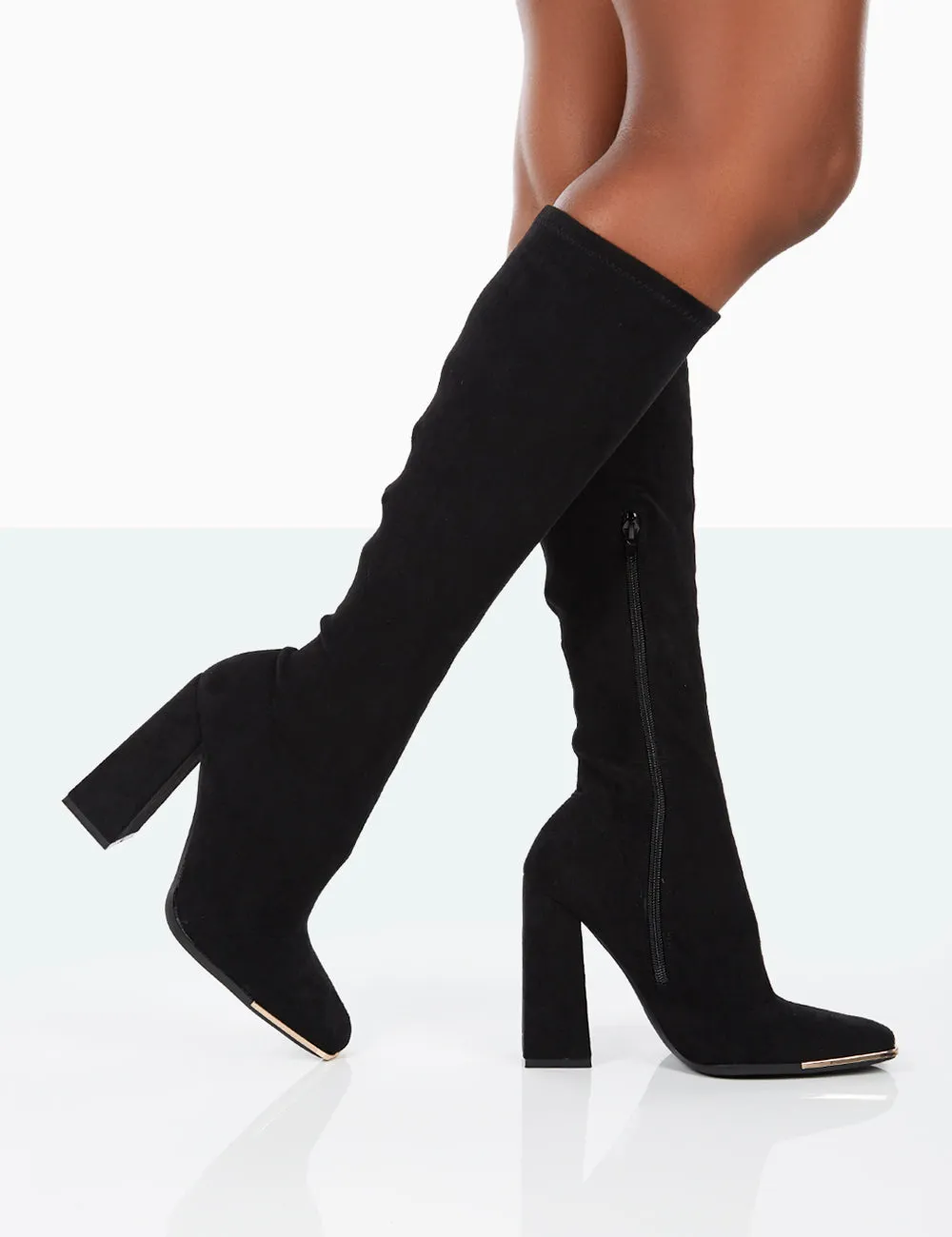 Caryn Black Faux Suede Knee High Block Heeled Boots