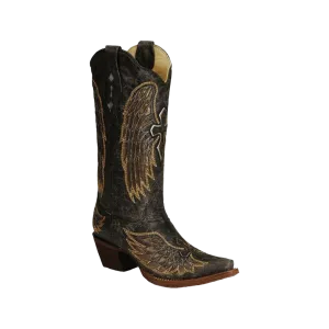 Corral Boots Women's Black and Gold Angel Wing Cross Inlay Boot