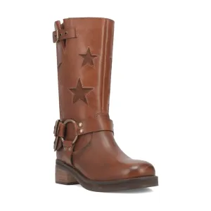 Dingo Womens Blacklist Stars Brown Leather Motorcycle Boots