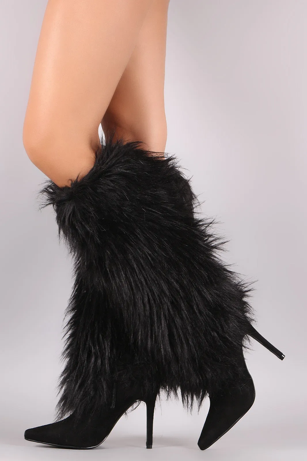 Faux Fur Shaft Pointy Toe Stiletto Knee High Boots