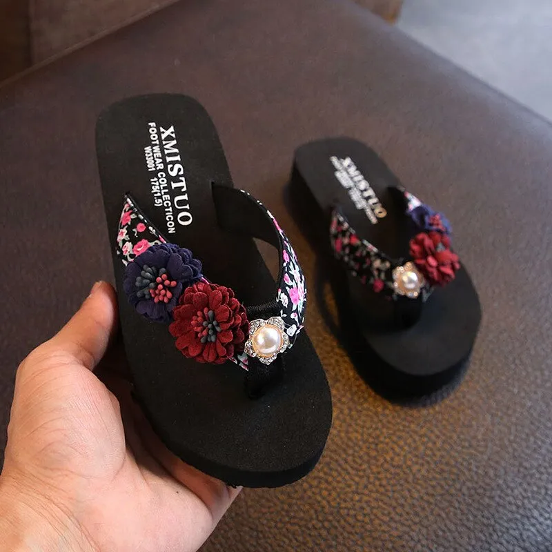 Girls Flowers Design Soft Non Slip Light Slippers For Kids