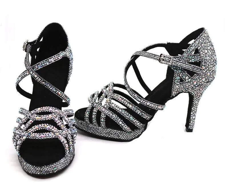 Grey Glitter Rhinestone Samba Platform Dance Heels