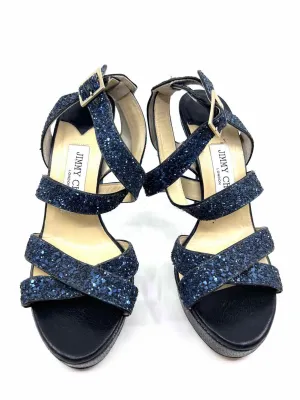 JIMMY CHOO Size 7.5 Navy Leather Glitter Solid Sandals