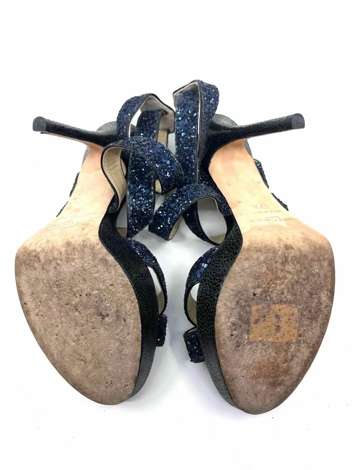 JIMMY CHOO Size 7.5 Navy Leather Glitter Solid Sandals