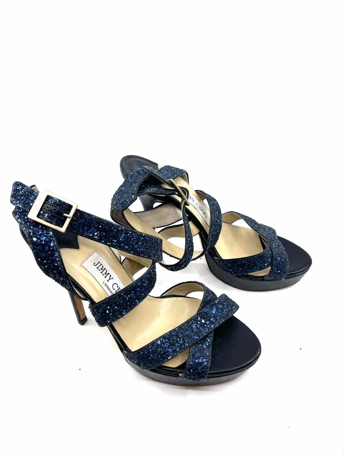 JIMMY CHOO Size 7.5 Navy Leather Glitter Solid Sandals