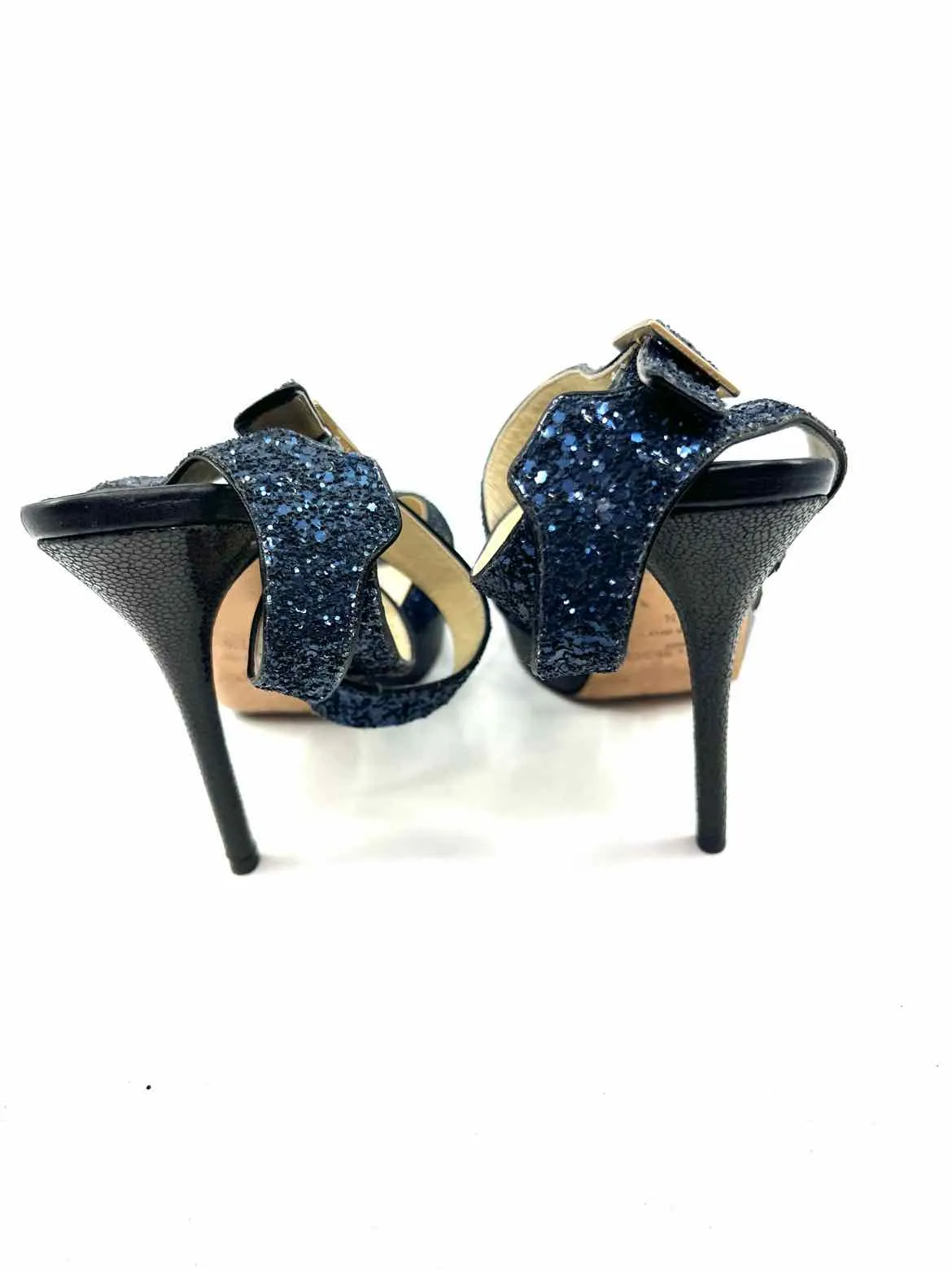 JIMMY CHOO Size 7.5 Navy Leather Glitter Solid Sandals