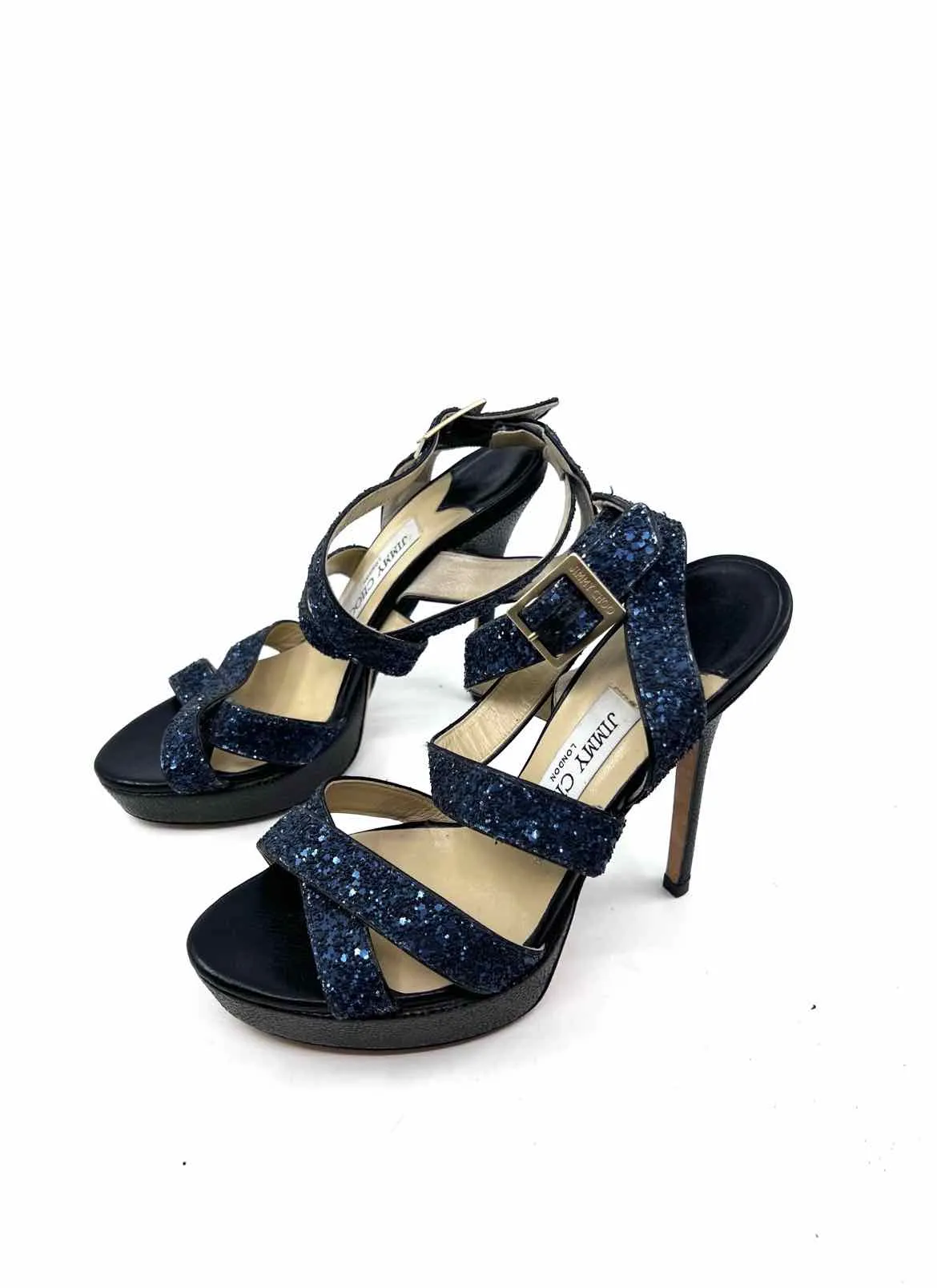 JIMMY CHOO Size 7.5 Navy Leather Glitter Solid Sandals