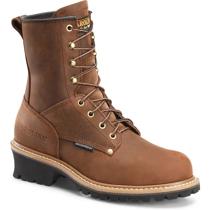 Men's Elm 8" Brown Round Steel Toe Waterproof Logger Boots from Carolina Boots