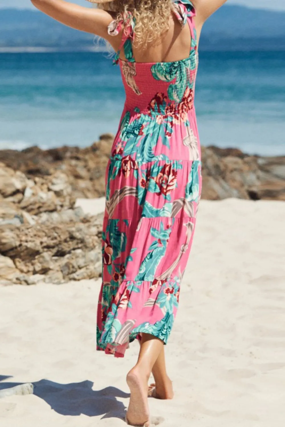 Messina Summer Floral Tie-Shoulder Dress in Pink & Turquoise