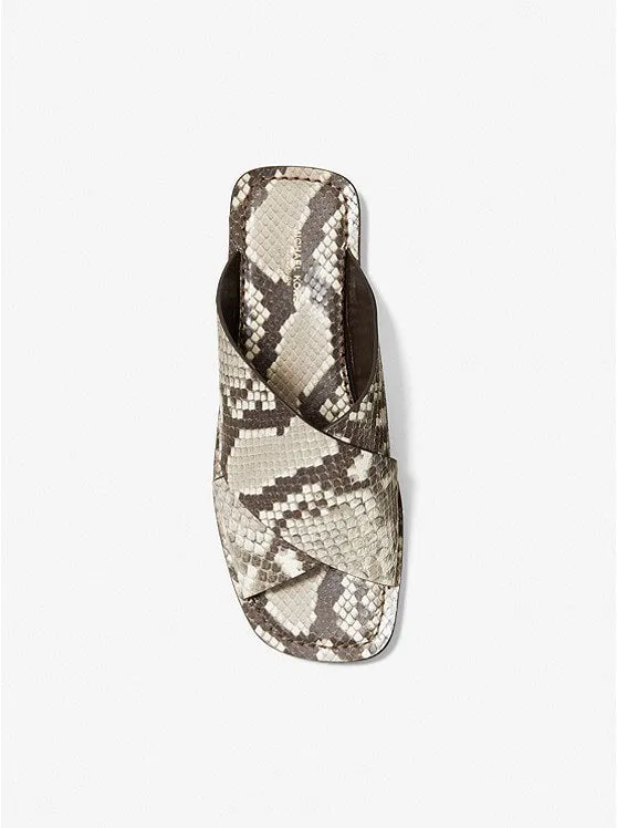 Michael Kors Collection Ruth Python Embossed Leather Slippers, White/Brown