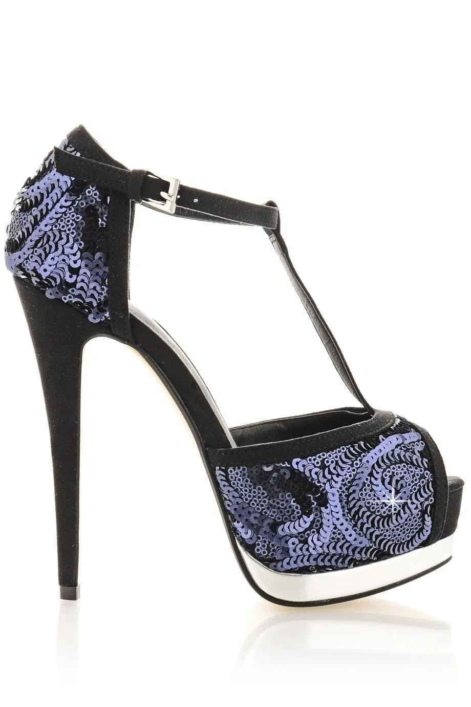 PHYLLIS Dark Blue Sequin Heeled Sandals