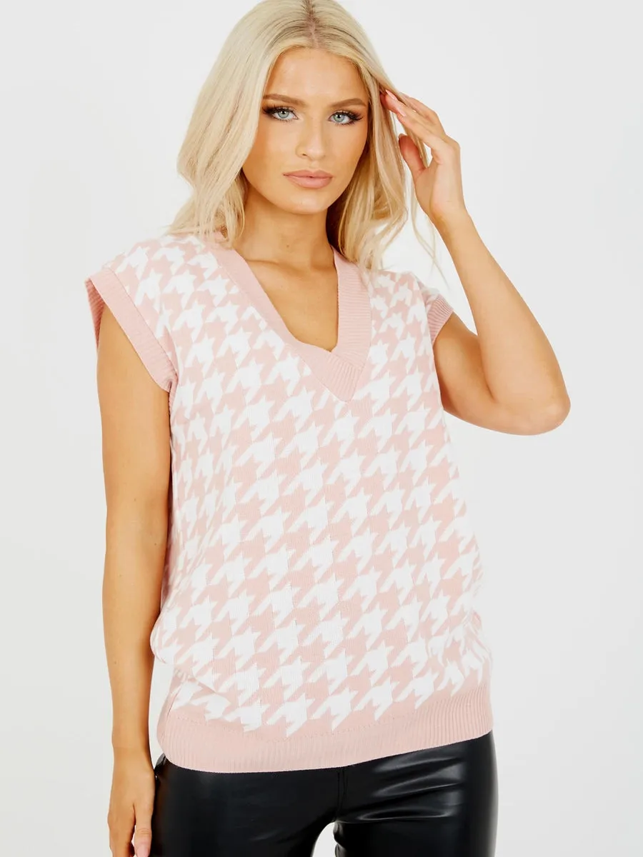 Pink & white Dogtooth V- Neck Sleeveless Knitted Jumper