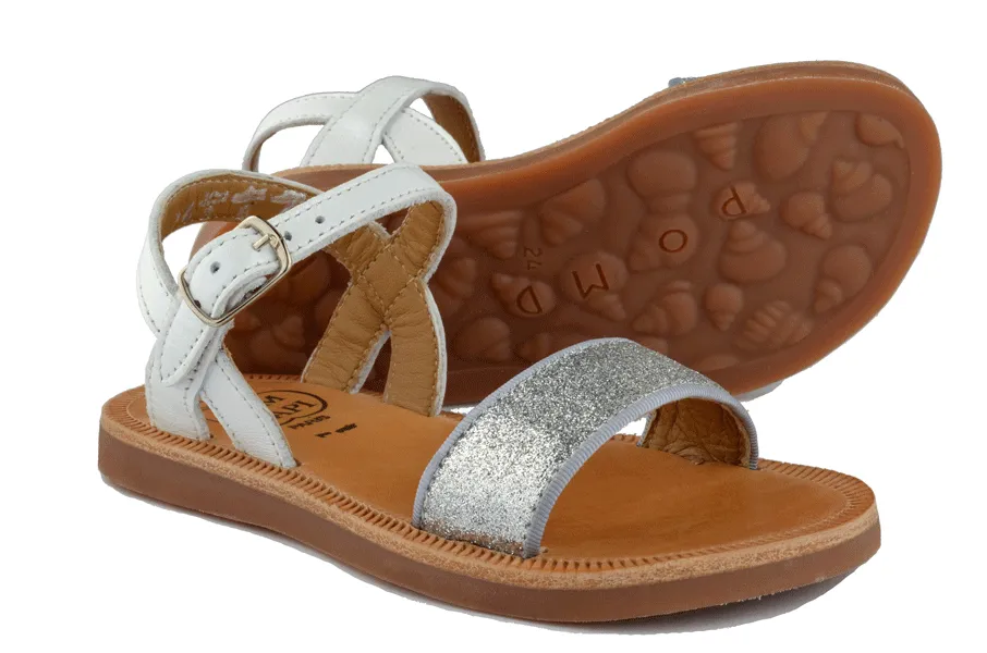 Pom d'Api Girls White and Silver Glitter Sandal