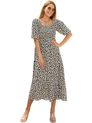 Sheetal Associates Women's Casual Printed Puff Sleeves Maxi Dress Black