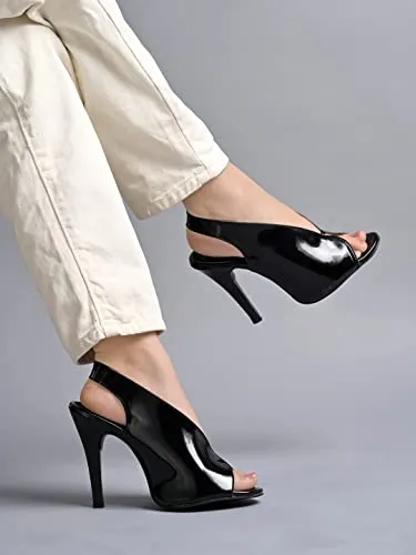 Shoetopia Stylish Slingback Peep Toe Black Pumps Stiletto Heeled Sandals For Girls