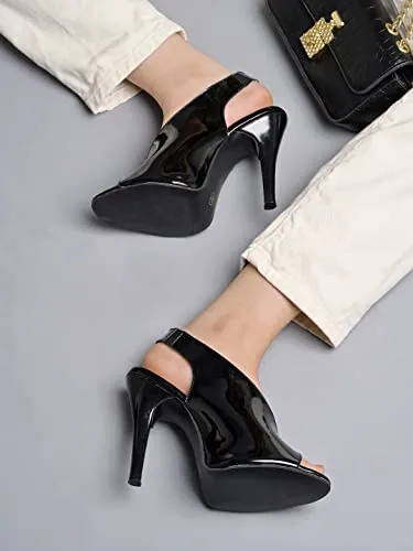 Shoetopia Stylish Slingback Peep Toe Black Pumps Stiletto Heeled Sandals For Girls